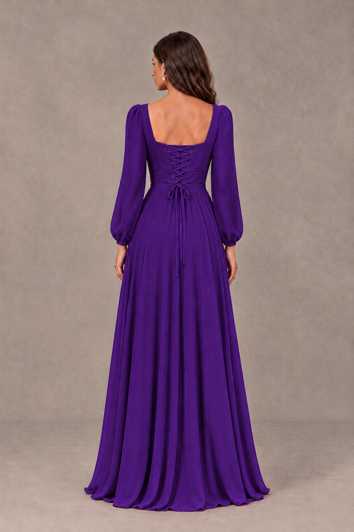 BOLODOO Purple Square Neck Long Sleeve A-Line Bridesmaid Dress - Purple - Purple_2