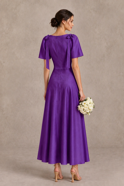BOLODOO Purple V-Neck Short Sleeve Satin-Look Bridesmaid Dress with Shoulder Bows - Purple - Purple_2