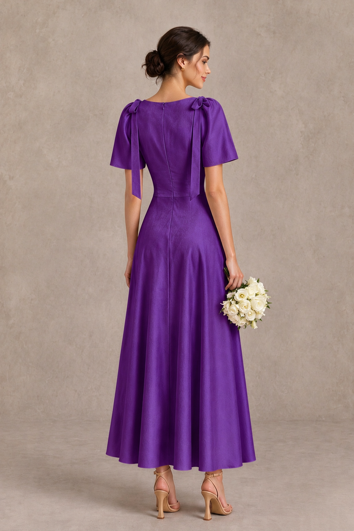 BOLODOO Purple V-Neck Short Sleeve Satin-Look Bridesmaid Dress with Shoulder Bows - Purple - Purple_2