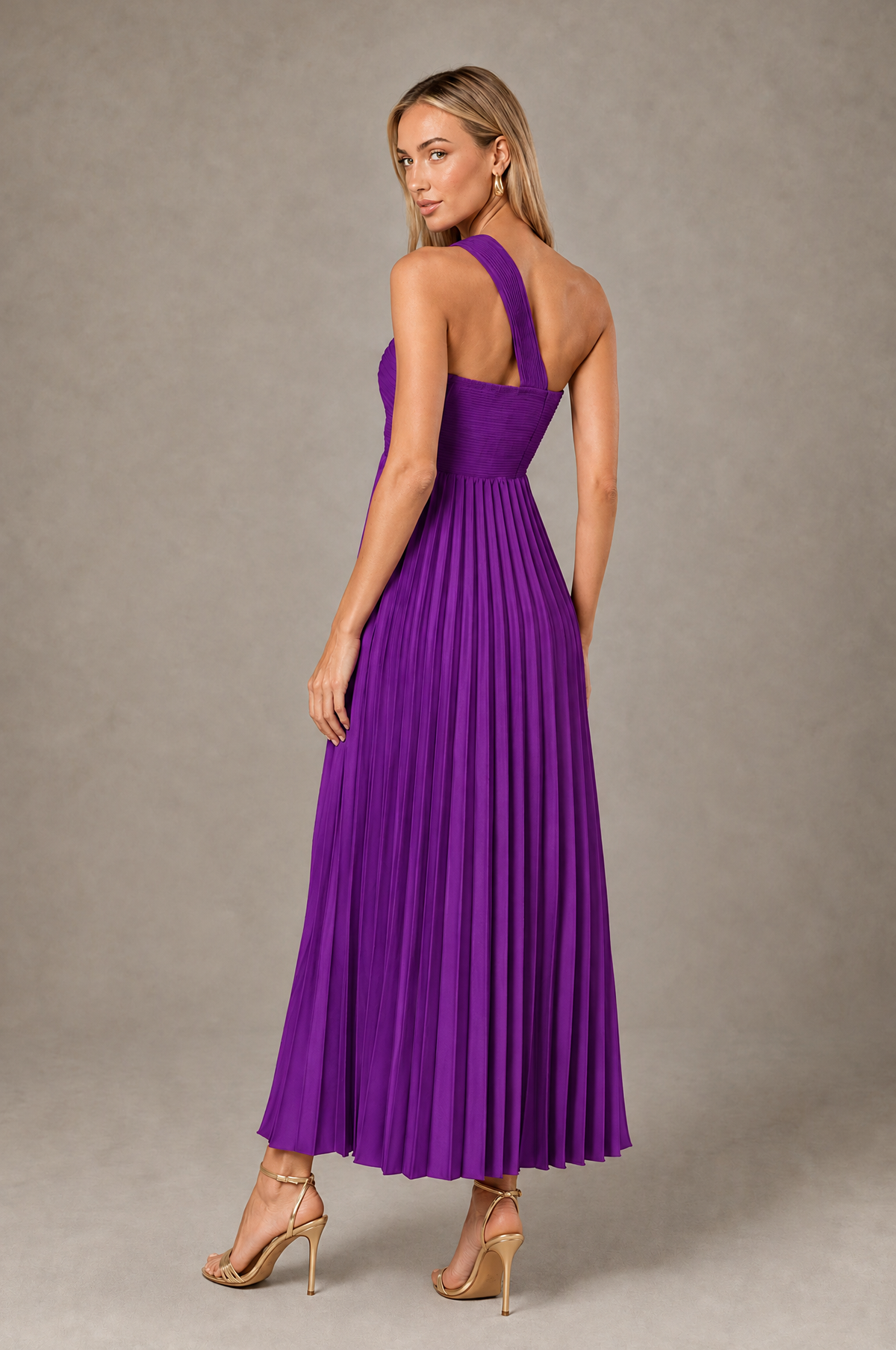 BOLODOO Purple One-Shoulder Twist Knot Pleated Satin Midi Dress with Cutout - Purple - Purple_2