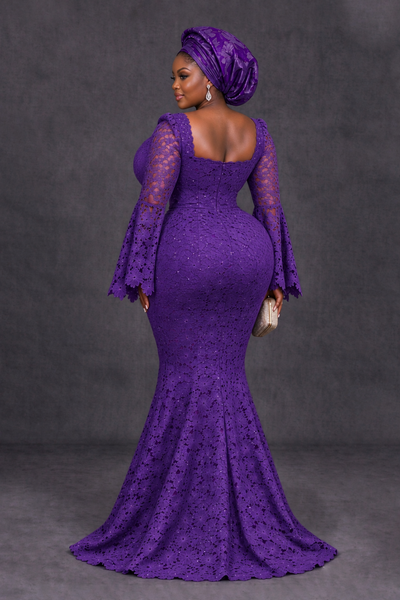 BOLODOO Purple African Lace Mermaid Dress, Plus Size Nigerian Wedding Guest Gown with Bell Sleeves - Purple - Purple_2