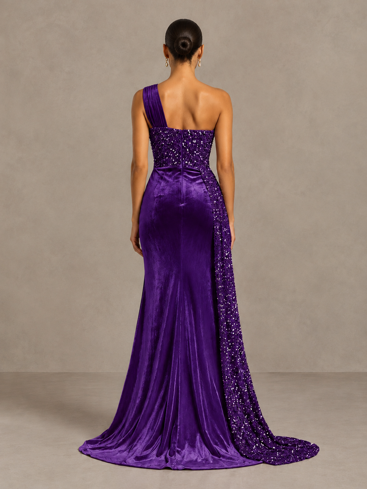 BOLODOO Purple One-Shoulder Satin Sequin Gown with High Slit - Purple - Purple_2