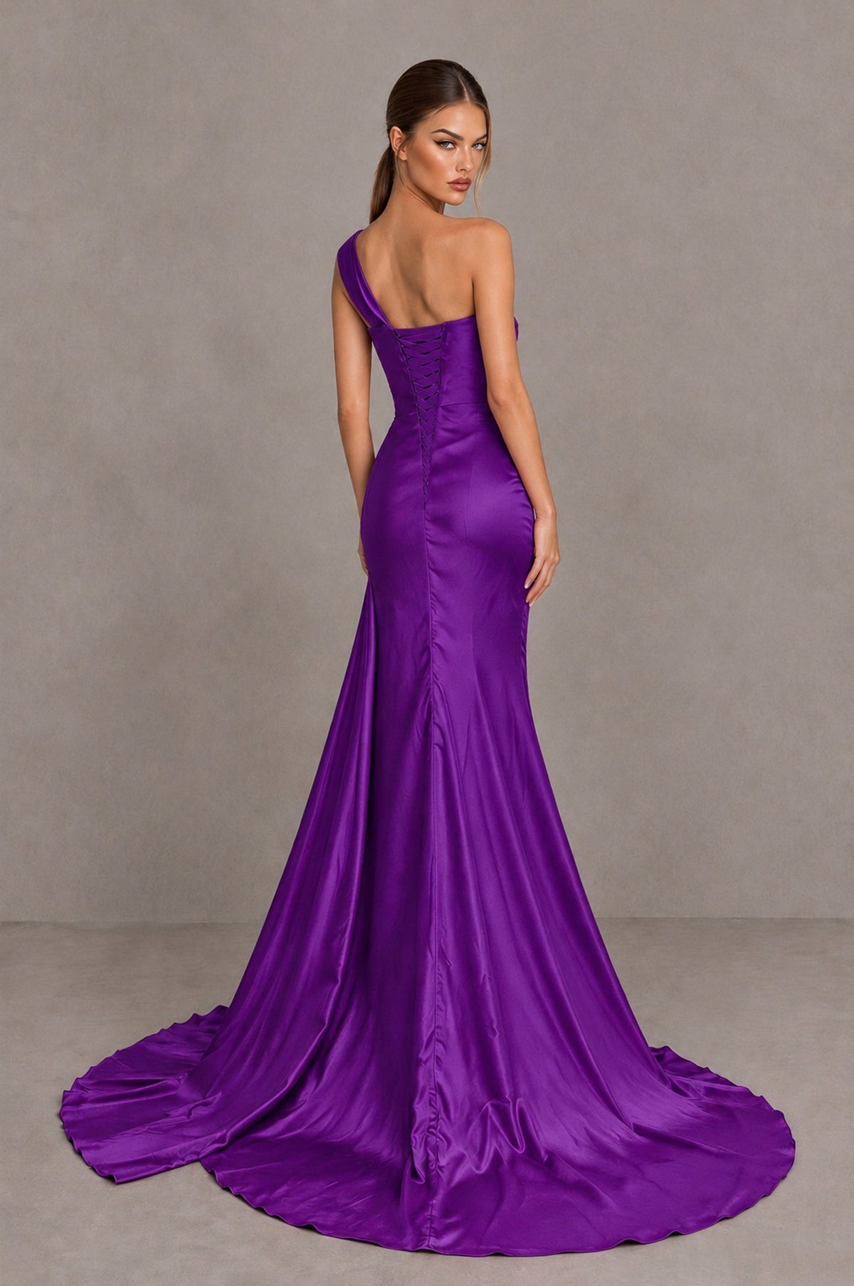 BOLODOO Purple One Shoulder Satin Mermaid Evening Dress with Ruched Slit Skirt - Purple - Purple_2