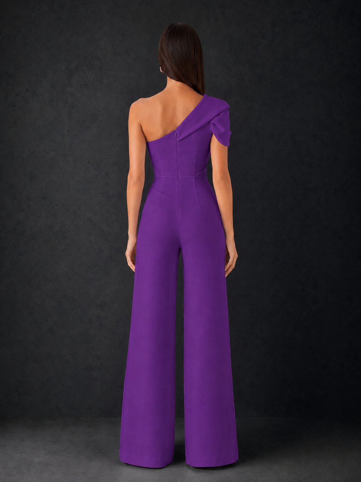 BOLODOO Purple One-Shoulder Puff Sleeve Wide-Leg Jumpsuit with Front Slit and Open Back - Purple