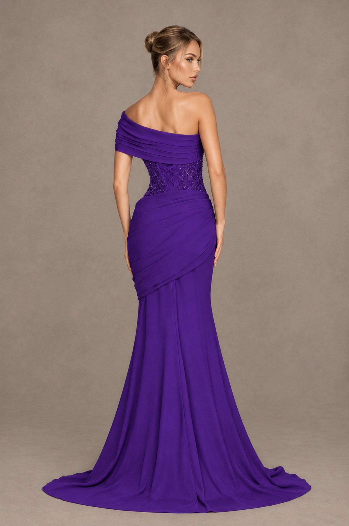 BOLODOO Purple One-Shoulder Sequin Embroidered Ruched Mermaid Gown with Train - Purple - Purple_2