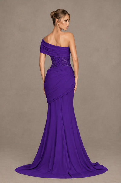 BOLODOO Purple One-Shoulder Sequin Embroidered Ruched Mermaid Gown with Train - Purple - Purple_2