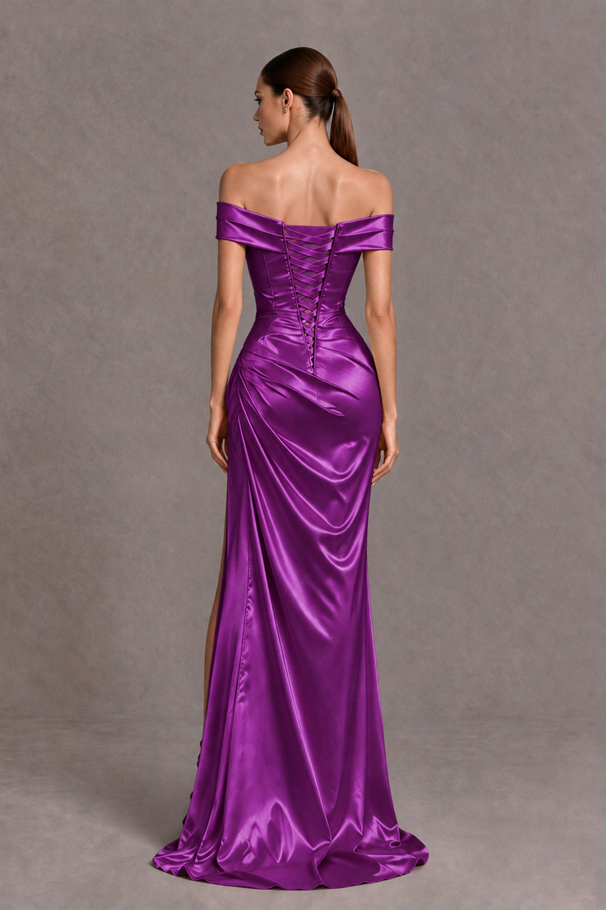 BOLODOO Purple Off-the-Shoulder Ruched Satin Prom & Evening Dress with High Slit - Purple - Purple_2