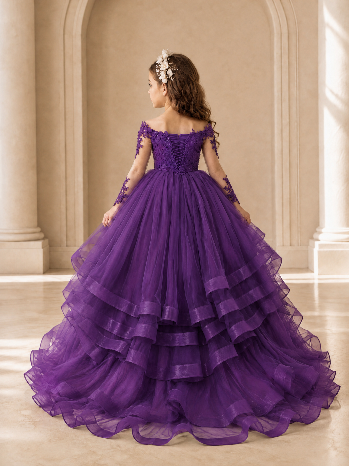BOLODOO Purple Lace Long Sleeve Tiered Flower Girl Dress - Purple - Purple_2