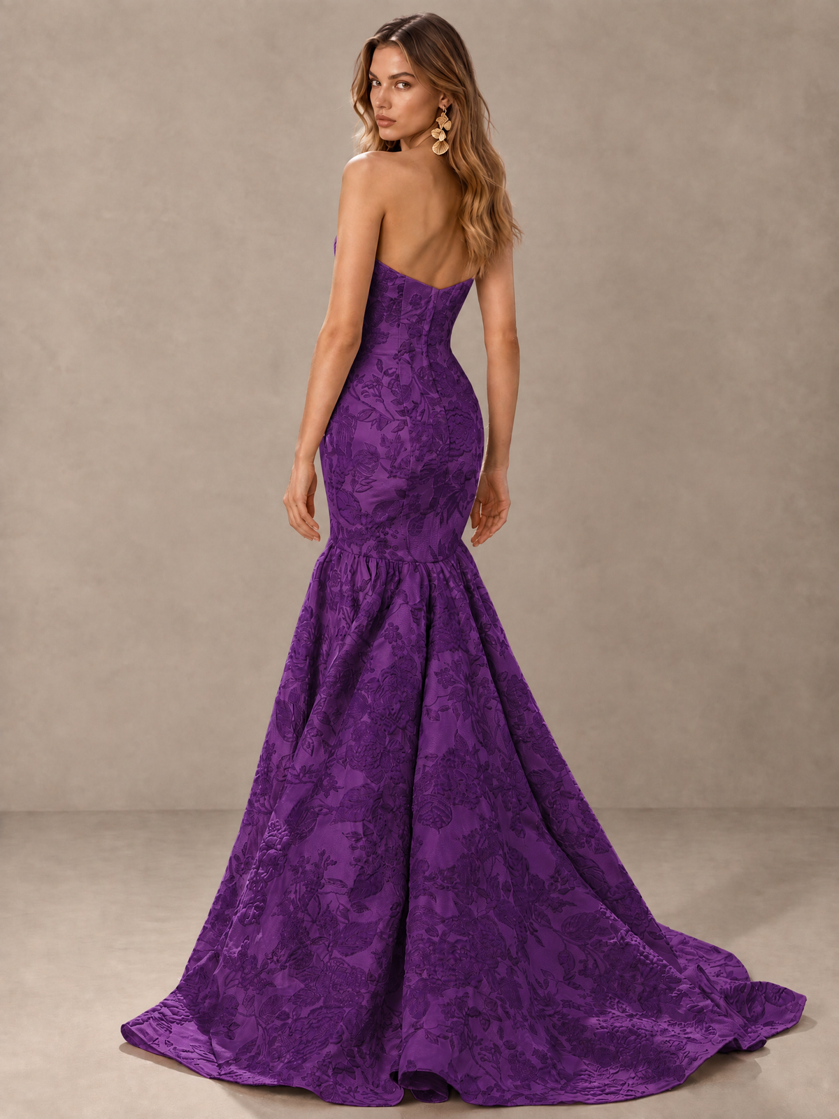 BOLODOO Purple Floral Strapless Mermaid Prom Dress with Train - Purple - Purple_2