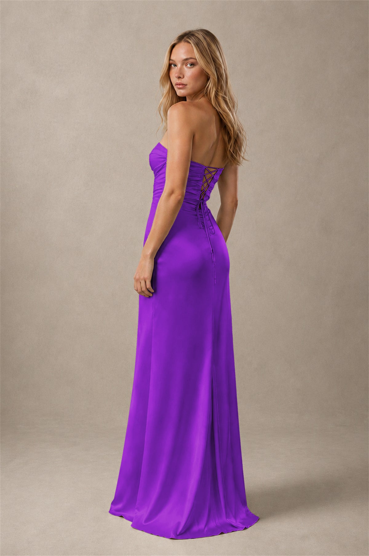 BOLODOO Purple Sweetheart Strapless Twist Knot Cutout Lace-Up Back Satin Mermaid Maxi Dress - Purple - Purple(2)