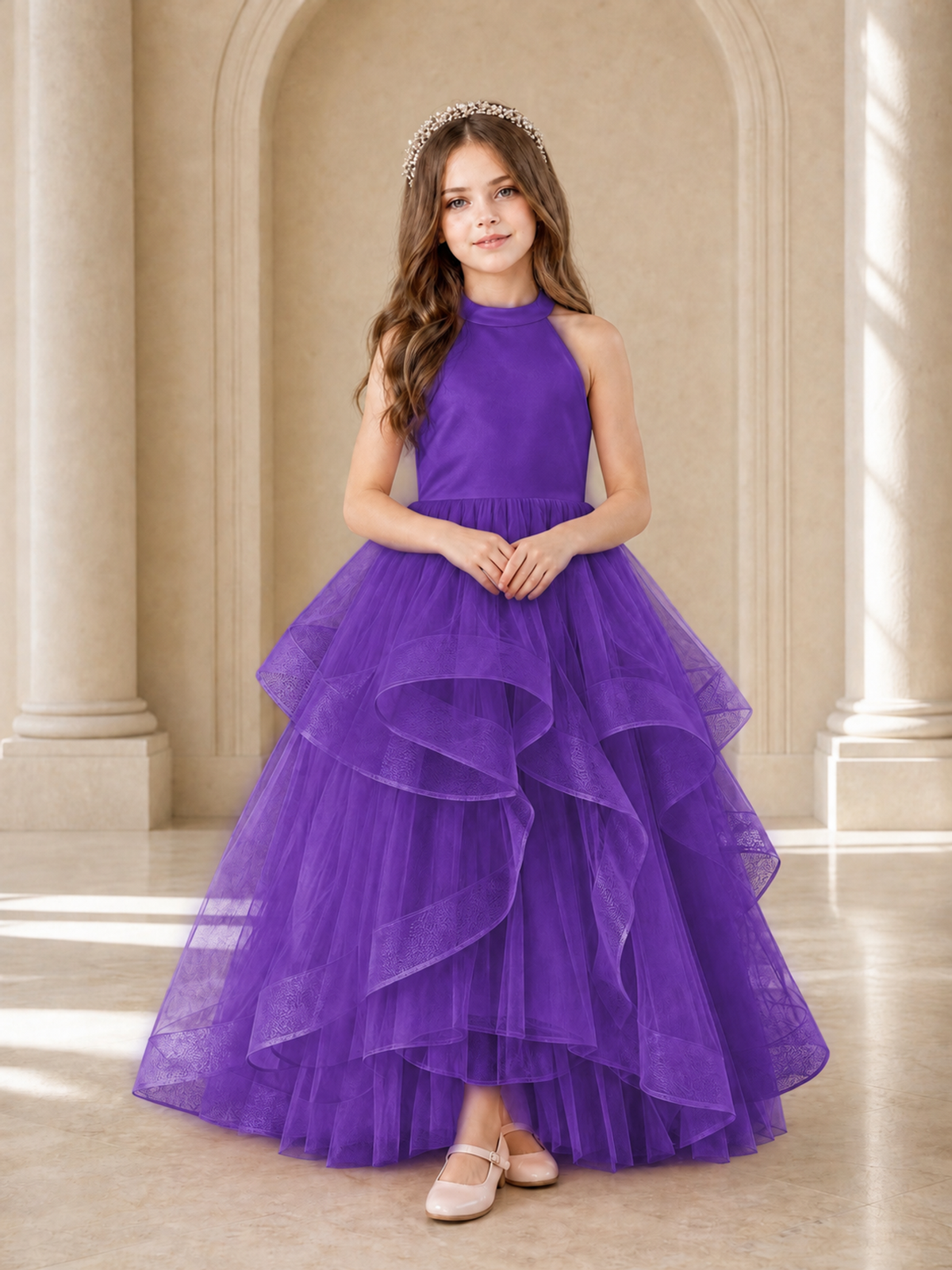 BOLODOO Purple Halter Tiered Tulle Flower Girl Dress with Bow Back - Purple - Purple_2