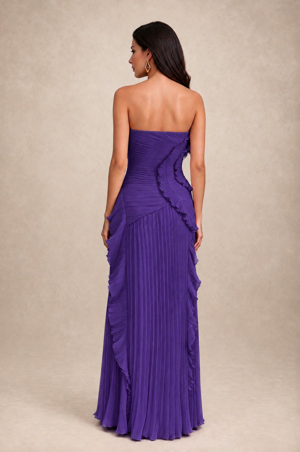 BOLODOO Purple Strapless Ruffle Pleated Slit Evening Gown - Purple - Purple_2