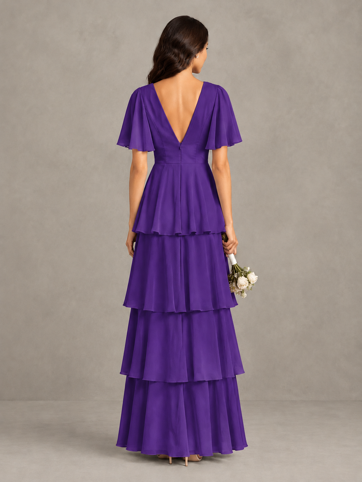 BOLODOO Purple Tiered Flutter Sleeve Bridesmaid Dress - Purple - Purple_2
