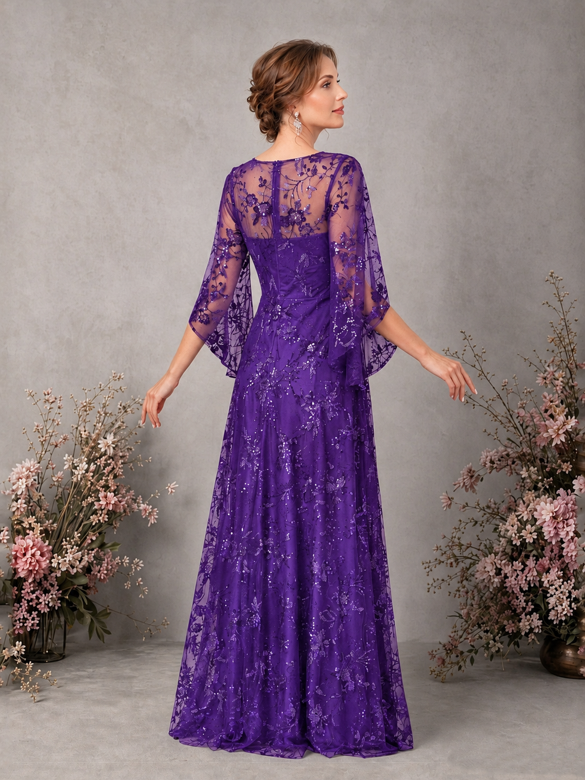 BOLODOO Purple Sequin Lace Cape Sleeve Formal Evening Gown - Purple - Purple_2