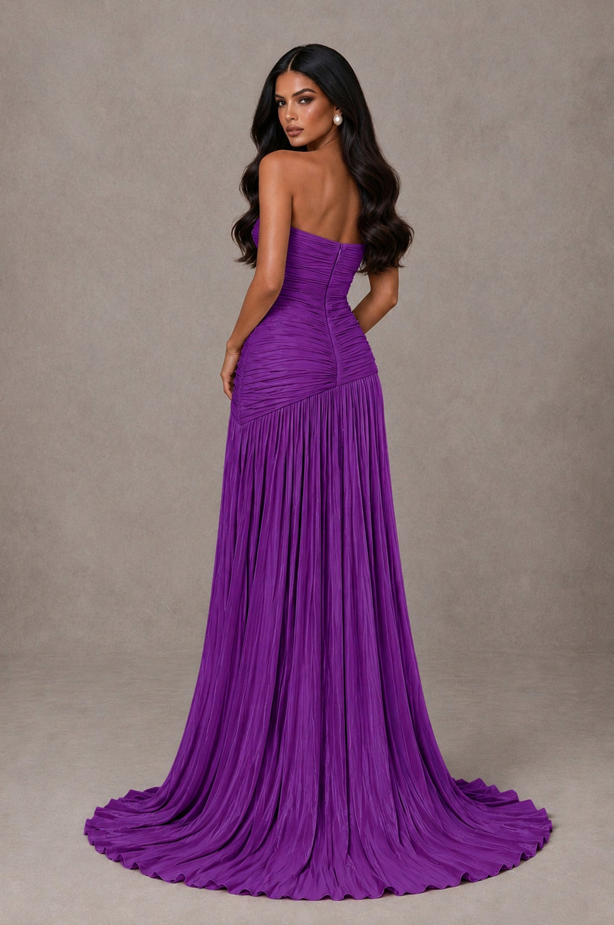 BOLODOO Purple Metallic Ruched Strapless Pleated A-Line Backless Maxi Dress with Train - Purple - Purple_2