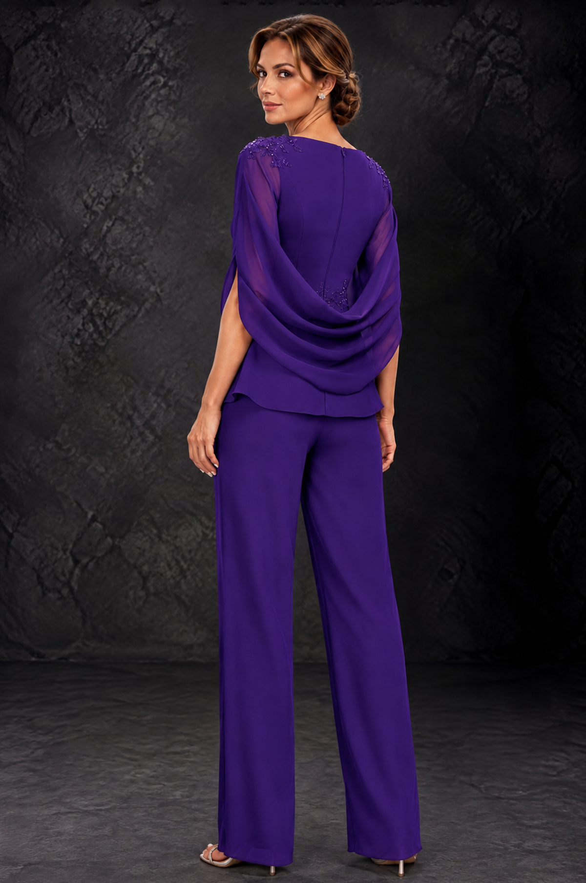BOLODOO Purple Embellished Cape Sleeve Mother of the Bride Pantsuit - Purple - Purple_2