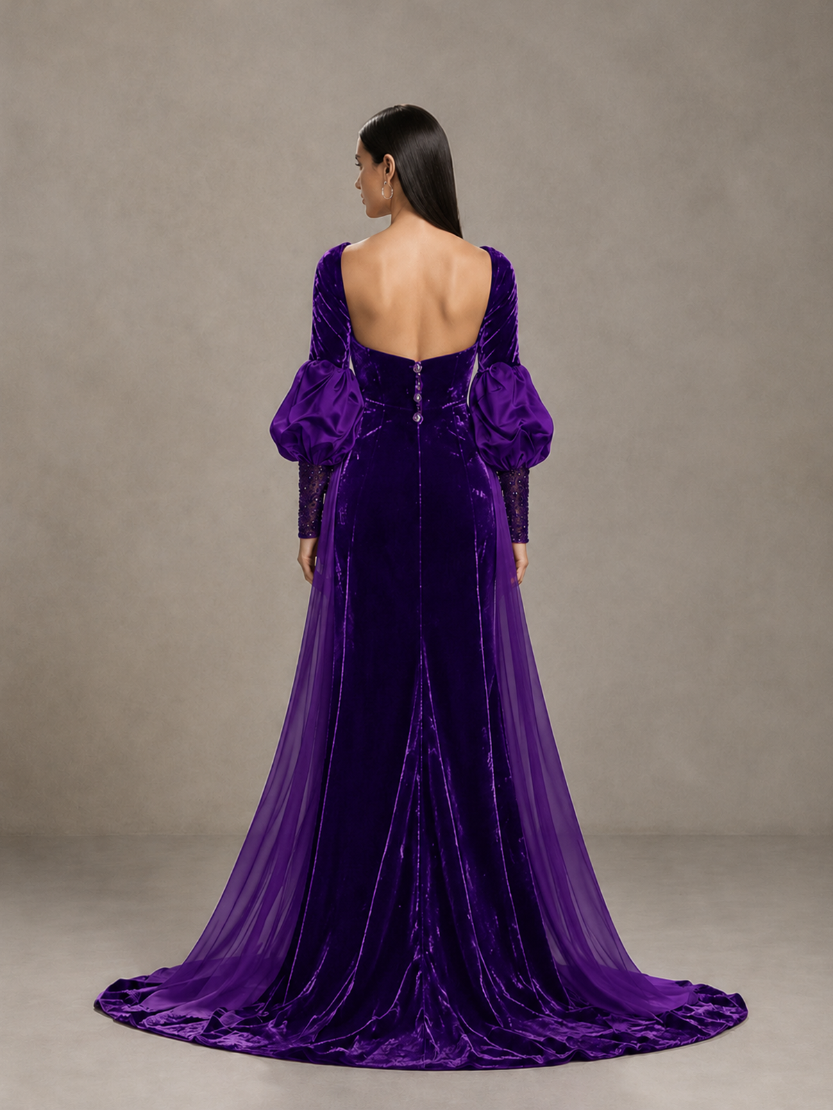 BOLODOO Purple Velvet Long Sleeve Open-Back Evening Gown - Purple - Purple_2