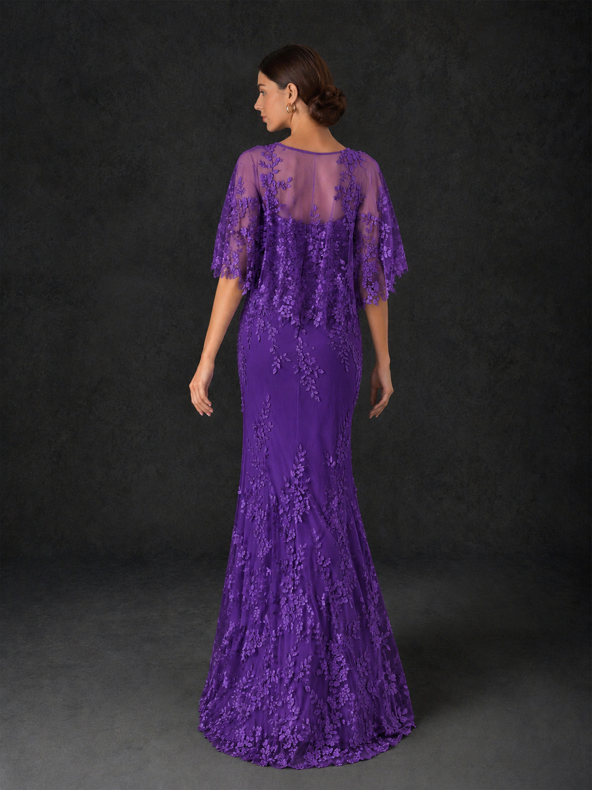 BOLODOO Mocha Purple Botanical Lace Flutter Sleeve Mermaid Gown - Purple