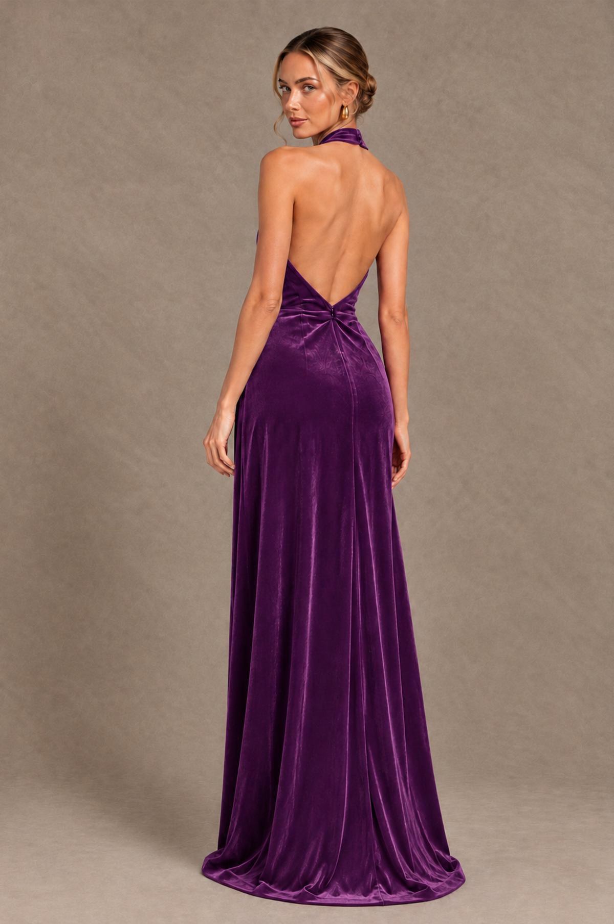 BOLODOO Purple Velvet Halter Open-Back Ruched Evening Dress - Purple - Purple_2