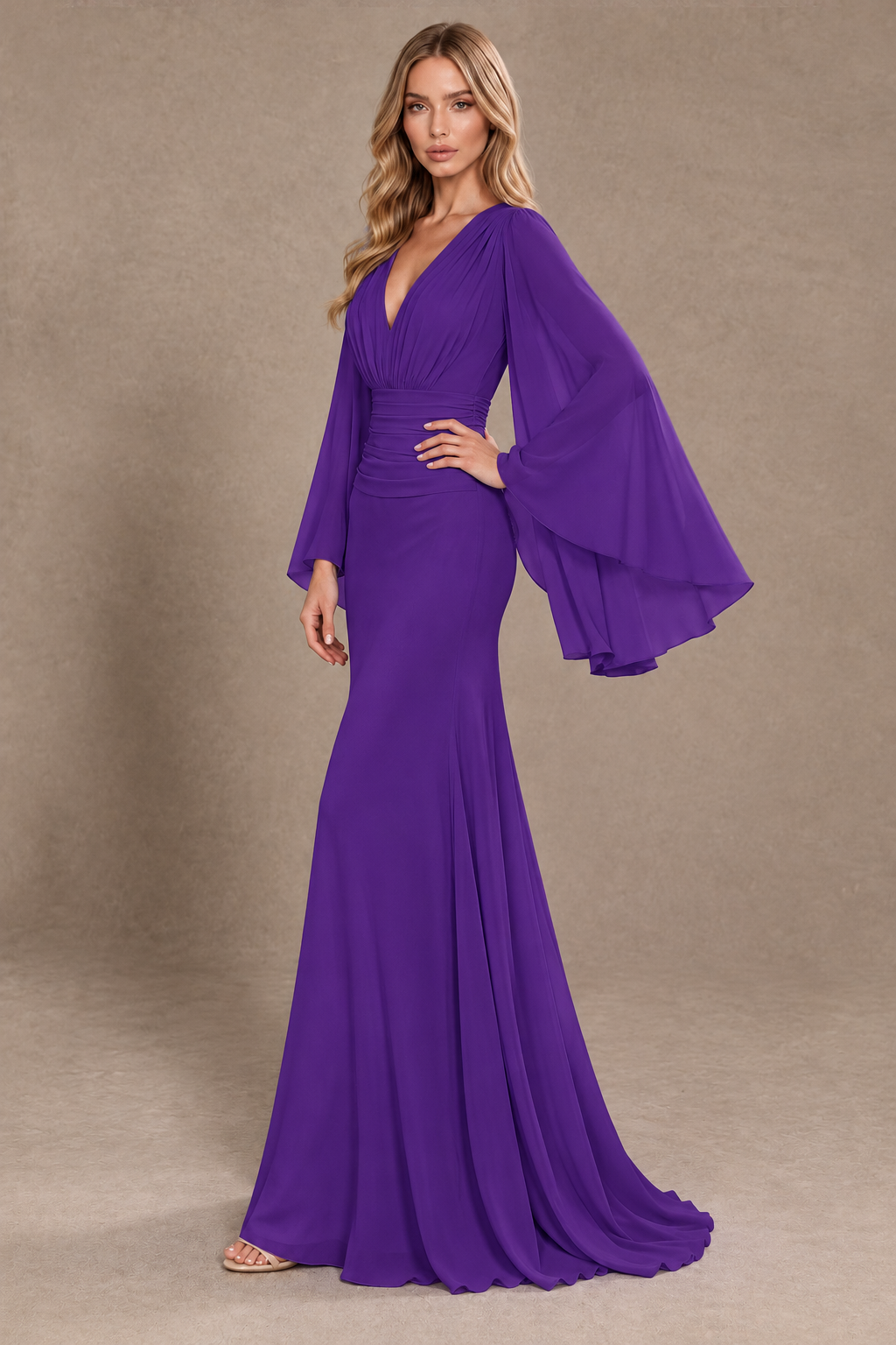 BOLODOO Purple Cape Sleeve V-Neck Ruched Chiffon Evening Dress - Purple - Purple_2