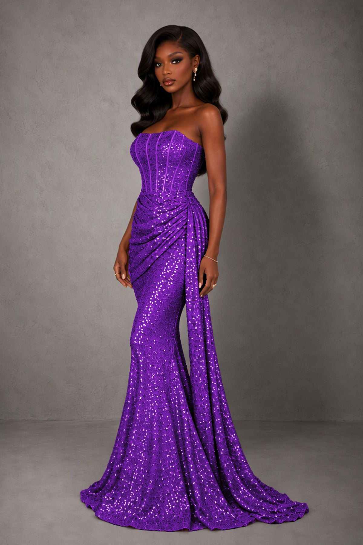 BOLODOO Purple Sequin Strapless Corset Mermaid Evening Gown with Train - Purple
