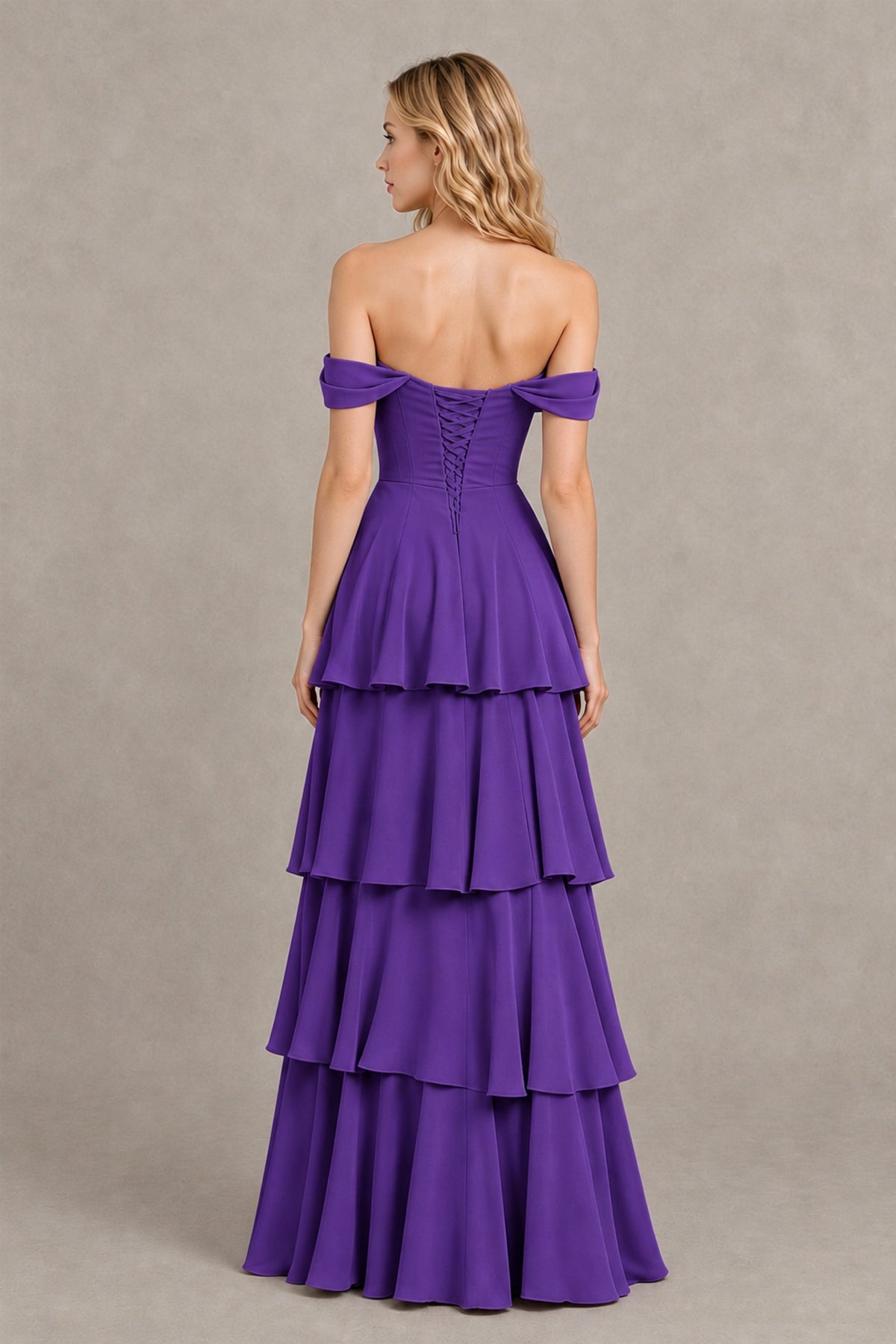 BOLODOO Purple Off-the-Shoulder Tiered A-Line Evening Bridesmaid Dress - Purple - Purple_2