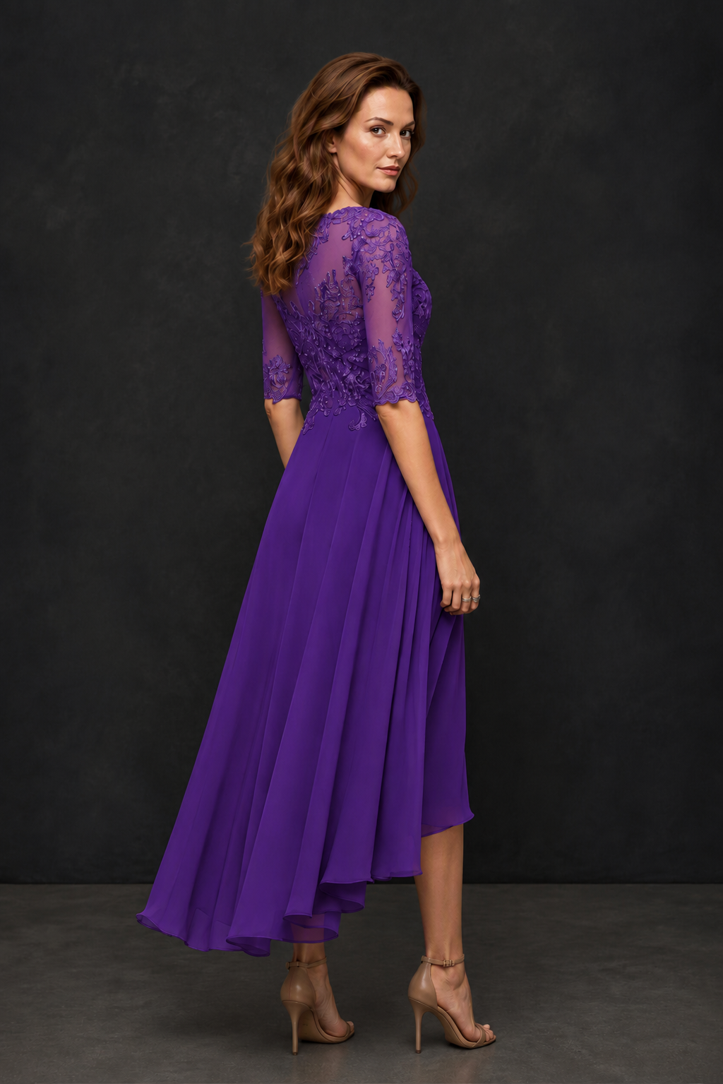 BOLODOO Purple Illusion Lace 3/4 Sleeve Hi-Lo Chiffon A-Line Dress | Mother of the Bride Tea Length Dress - Purple