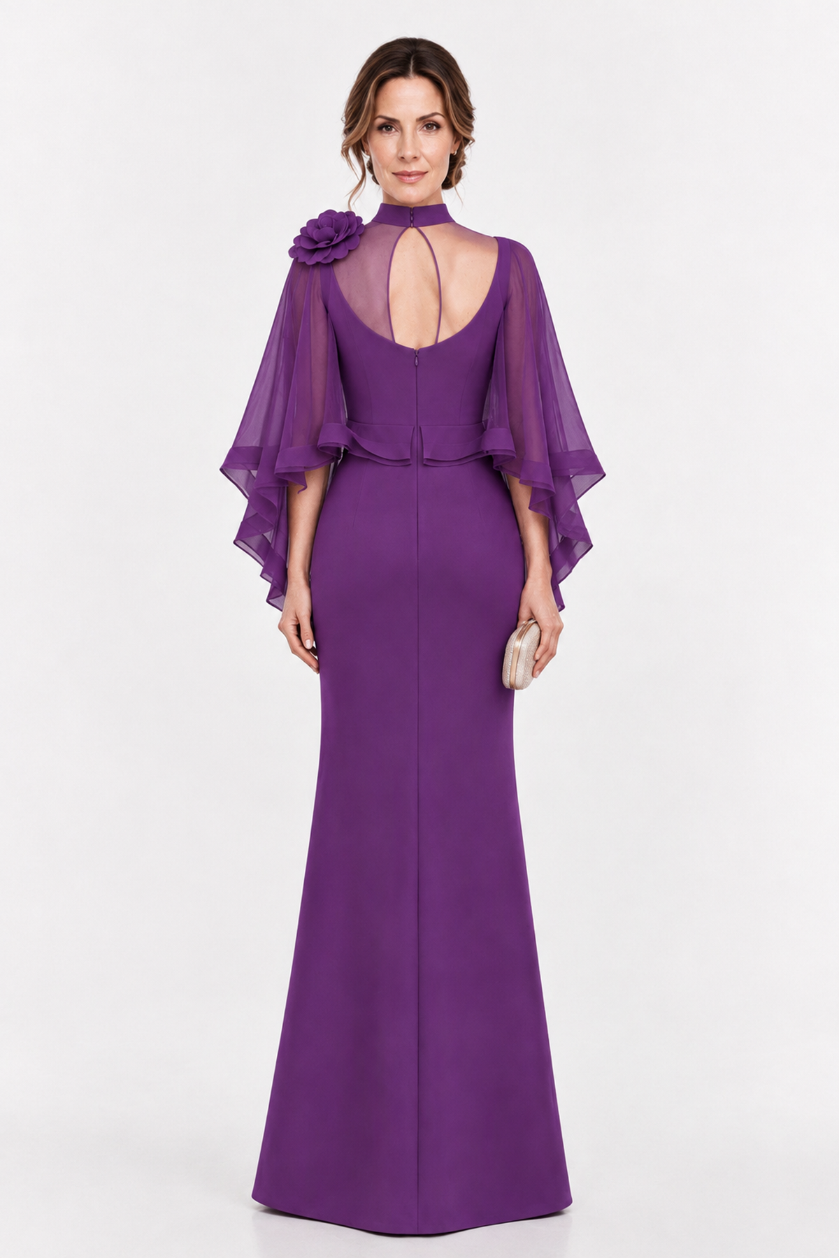 BOLODOO Purple Floral Cape Sleeve Mother of the Bride Dress - Purple - Purple_2
