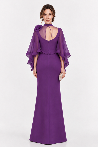 BOLODOO Purple Floral Cape Sleeve Mother of the Bride Dress - Purple - Purple_2