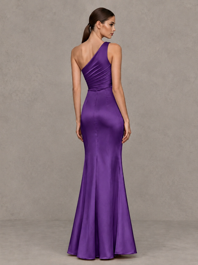 BOLODOO Purple One-Shoulder Ruched Satin-Look Evening Gown with High Slit - Purple - Purple_2