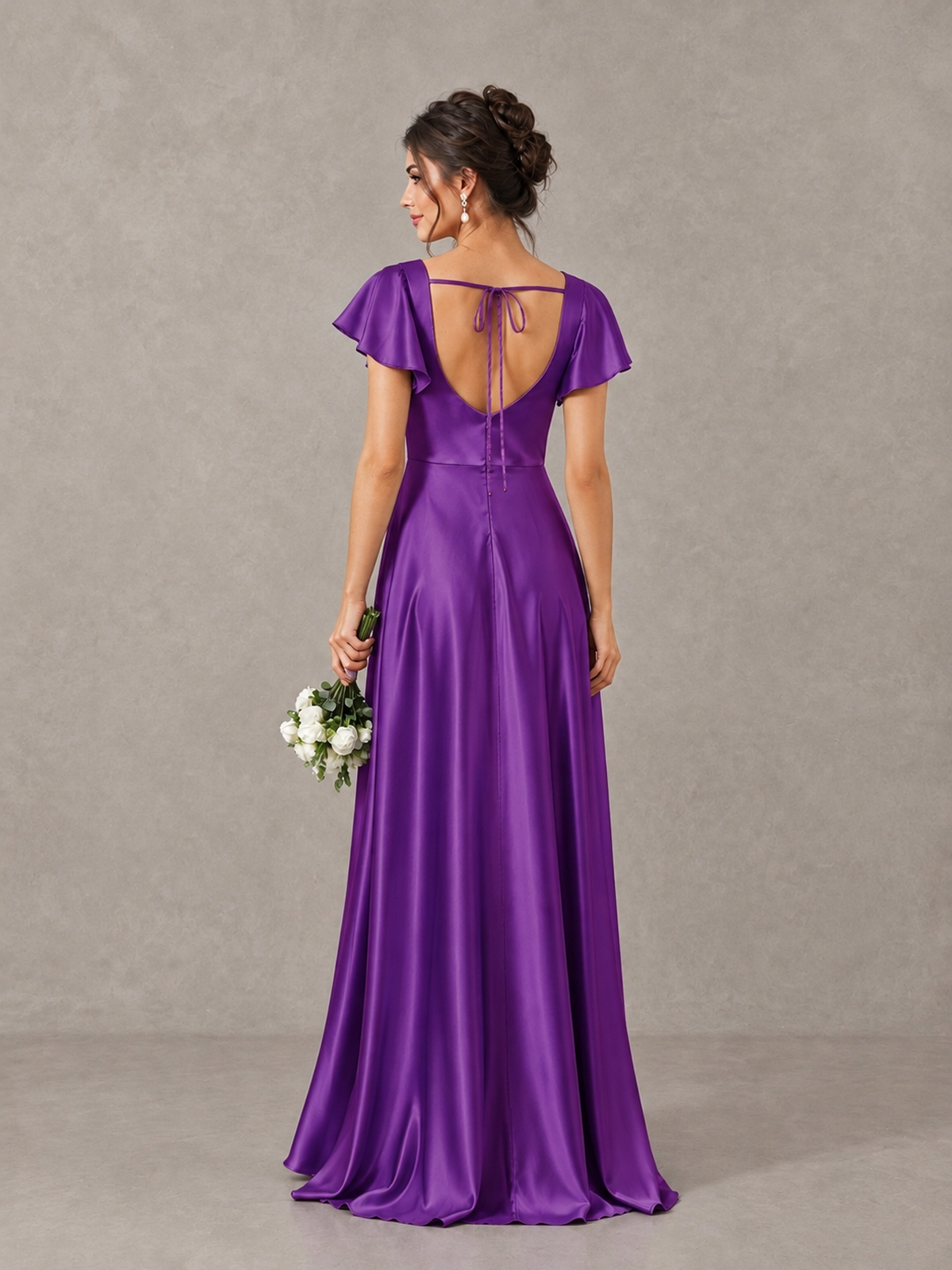 BOLODOO Purple Satin Square Neck Flutter Sleeve A-Line Bridesmaid Dress with Slit - Purple - Purple_2