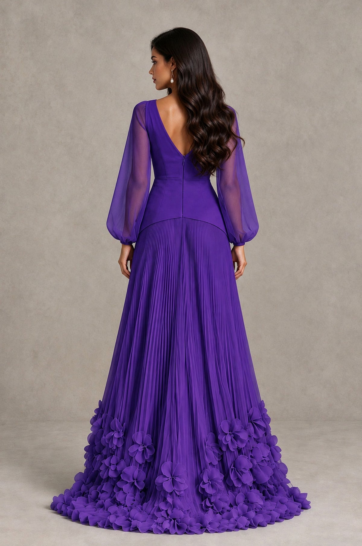 BOLODOO Purple V-Neck Long Sleeve Pleated Floral Hem Evening Dress - Purple - Purple_2