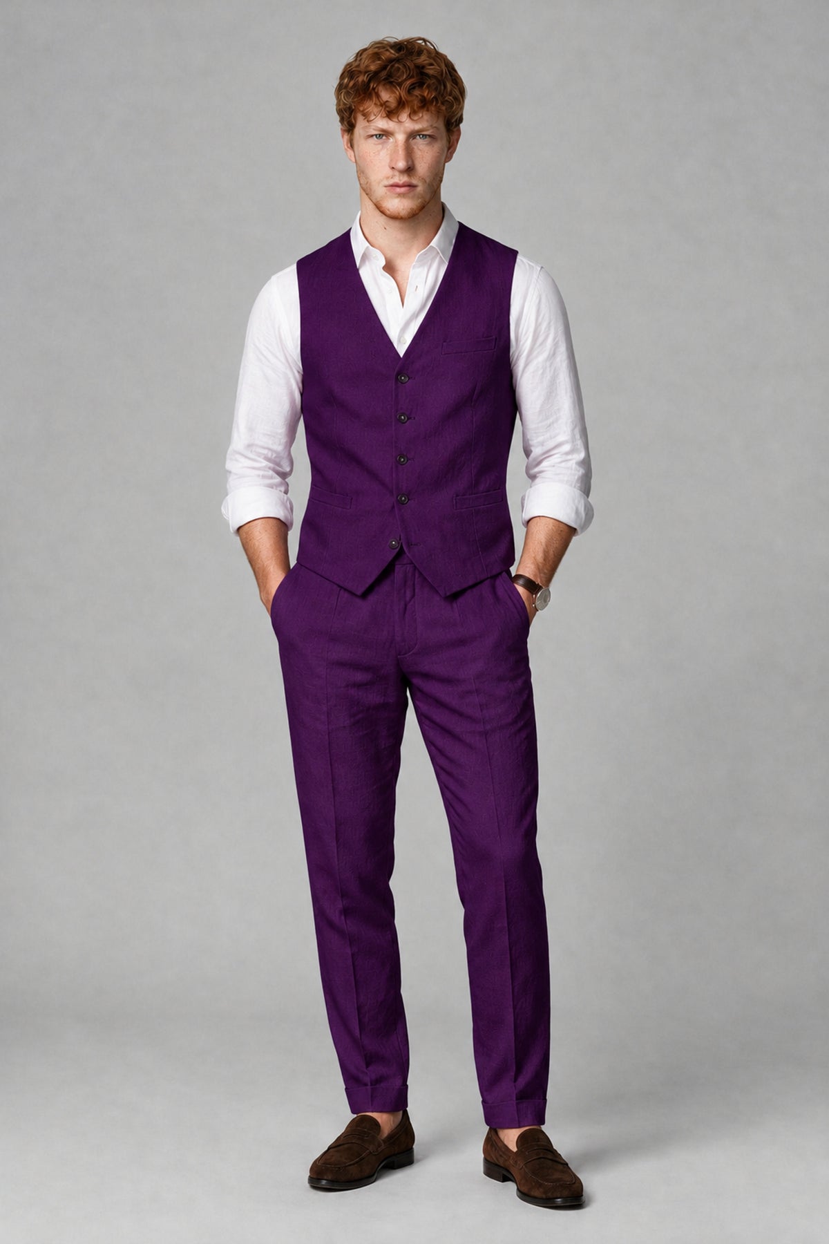 Bolodoo Men's Purple 2-Piece Vest and Pants Set with V-Neck Waistcoat - Purple - Purple_2