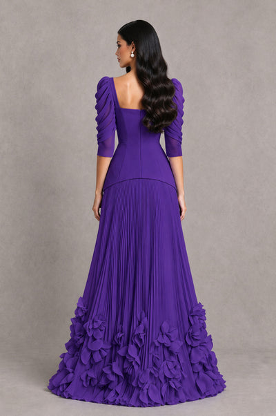 BOLODOO Purple Square Neck Pleated Floral Applique Evening Dress - Purple - Purple_2