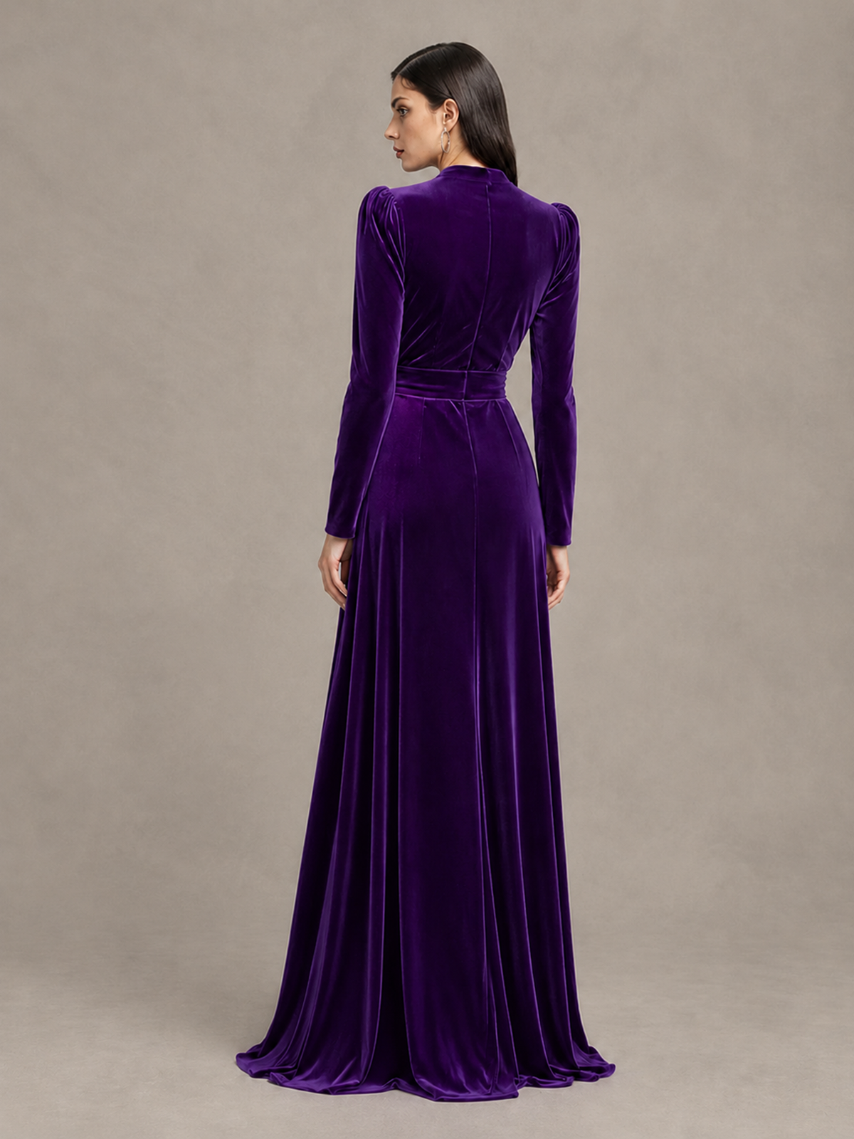 BOLODOO Purple Long Sleeve Velvet-Look Evening Dress with High Slit - Purple - Purple_2