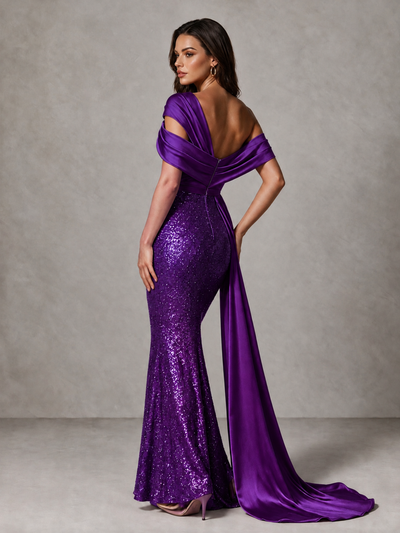 BOLODOO Purple Sequin Mermaid Evening Dress with Off-Shoulder Satin Drape and Sweep Train - Purple - Purple_2