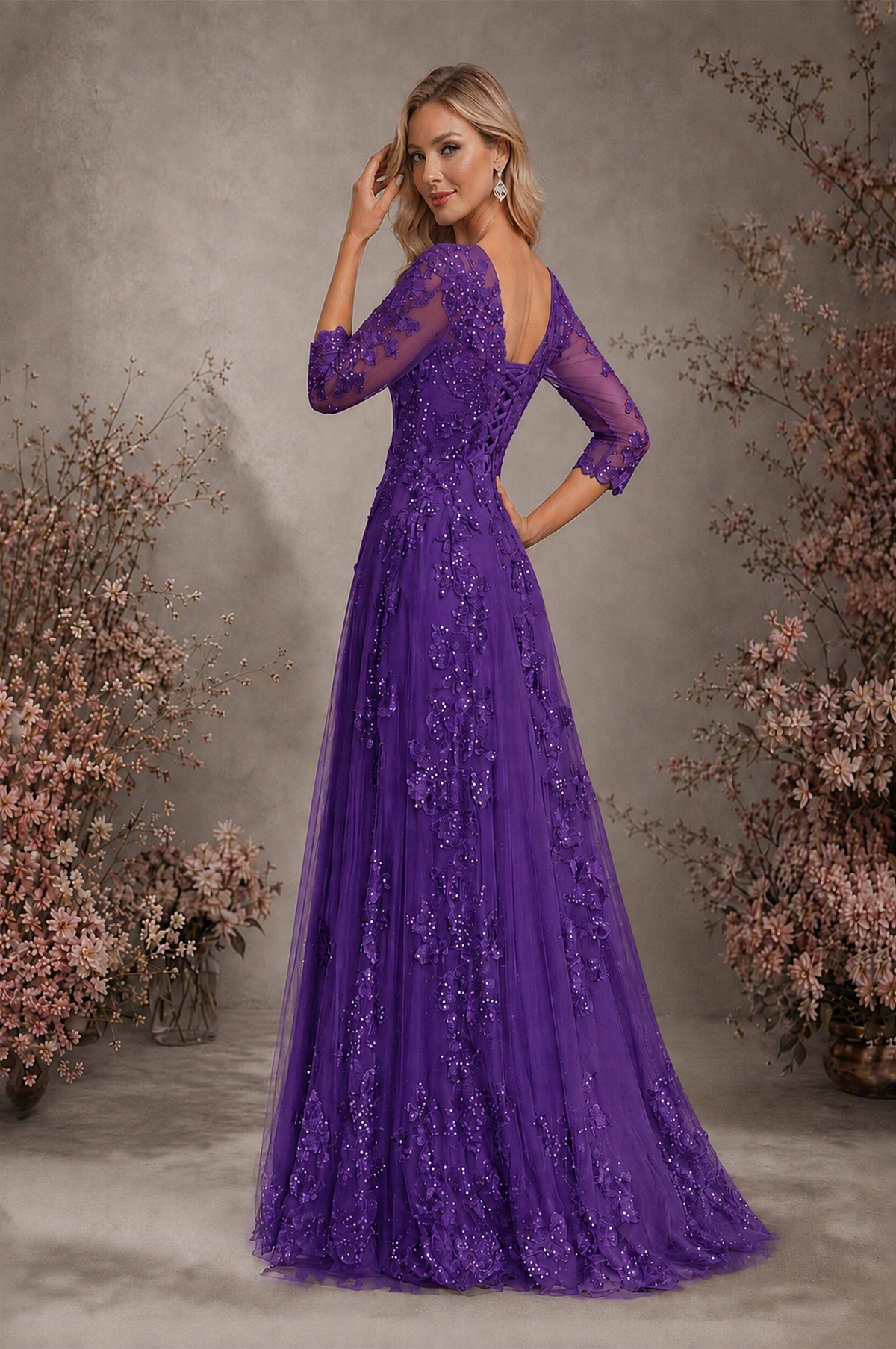 BOLODOO Purple Sequin Lace 3/4 Sleeve Open Back Formal Evening Gown - Purple