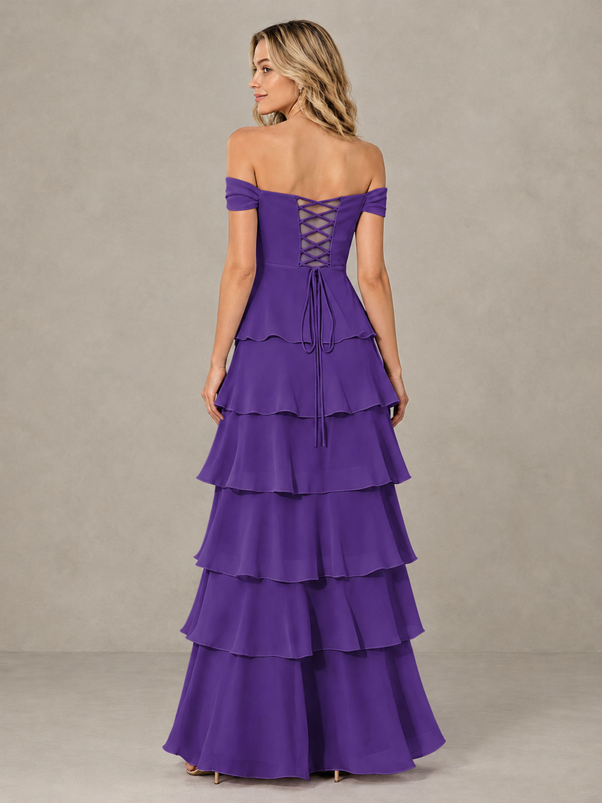 BOLODOO Purple Off-Shoulder Tiered Ruffle Bridesmaid Dress with Lace-Up Back - Purple - Purple_2