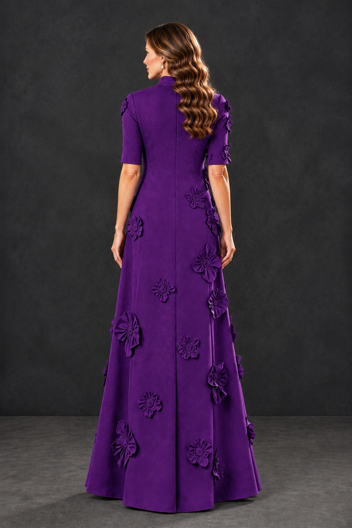 BOLODOO Purple Floral Applique High-Neck Half-Sleeve Gown - Purple - Purple_2