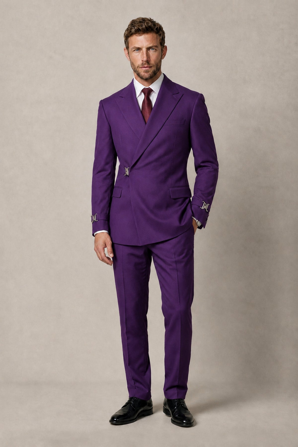 BOLODOO Men's Purple Double-Breasted 2-Piece Suit Set – Blazer & Tailored Trousers - Purple