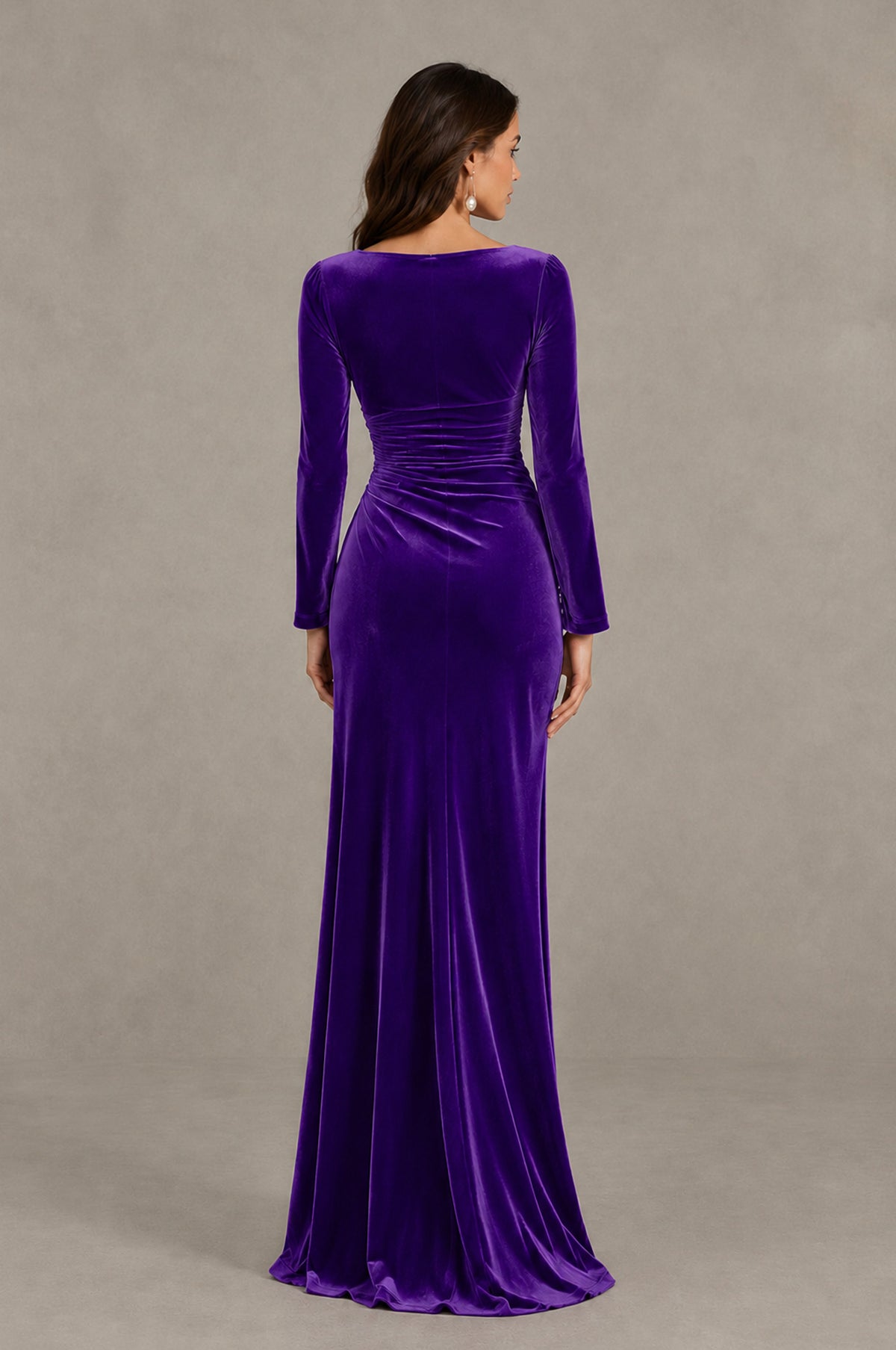 BOLODOO Purple Long Sleeve V-Neck Ruched Velvet Formal Dress - Purple - Purple_2