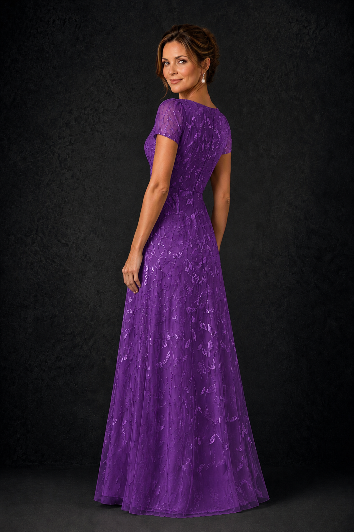 BOLODOO Purple Leaf Embroidered A-Line Formal Gown with Cap Sleeves - Purple - Purple_2