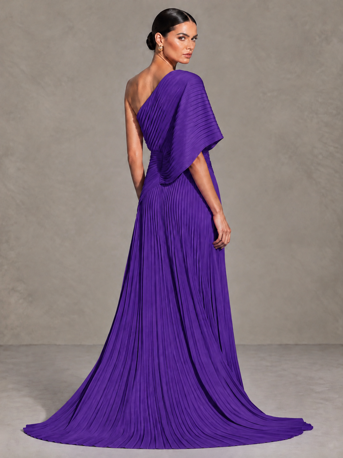 BOLODOO Purple One-Shoulder Pleated Cape Evening Gown with Train - Purple - Purple(2)