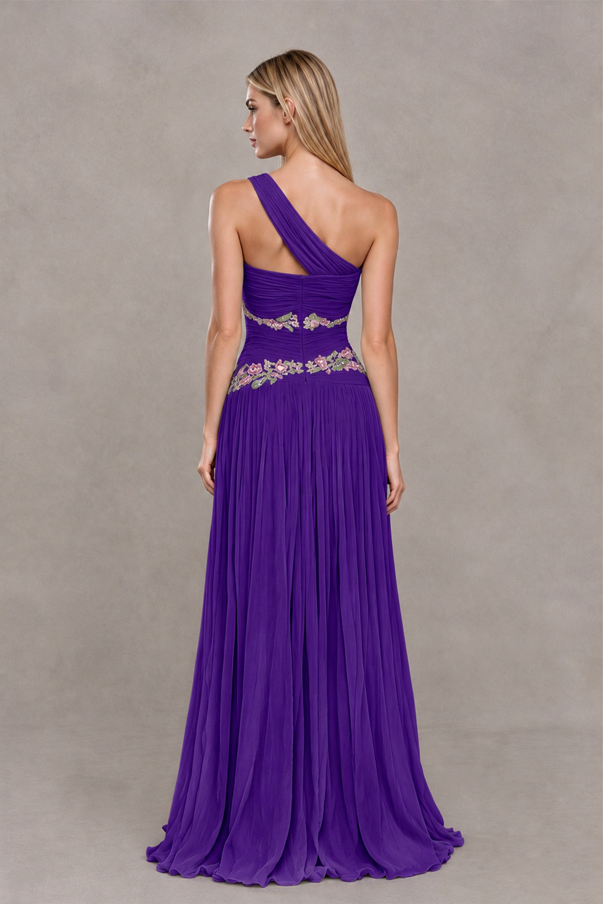 BOLODOO Purple One-Shoulder Floral Applique A-Line Evening Dress - Purple - Purple_2
