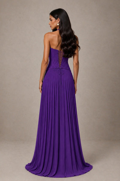 BOLODOO Purple Halter Corset Pleated A-Line Evening Dress - Purple - Purple_2