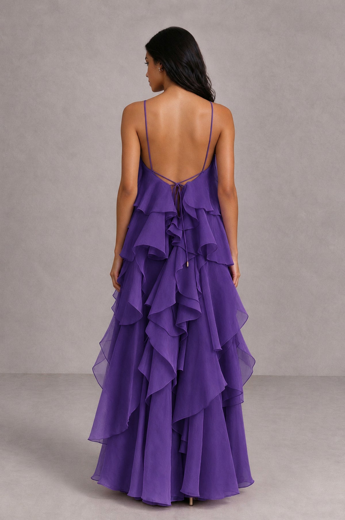 BOLODOO Purple Cascading Ruffle Rosette Open-Back Maxi Dress - Purple - Purple_2