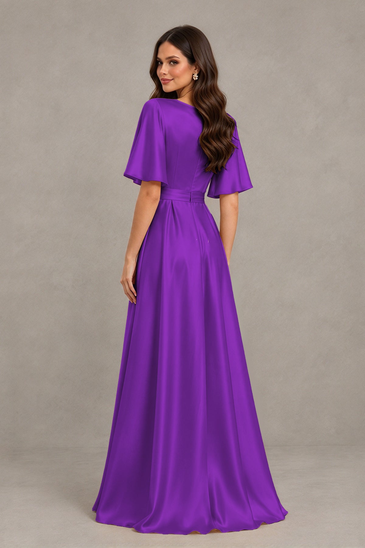 BOLODOO Purple Satin V-Neck Flutter Sleeve Bridesmaid Dress with Slit - Purple - Purple(2)