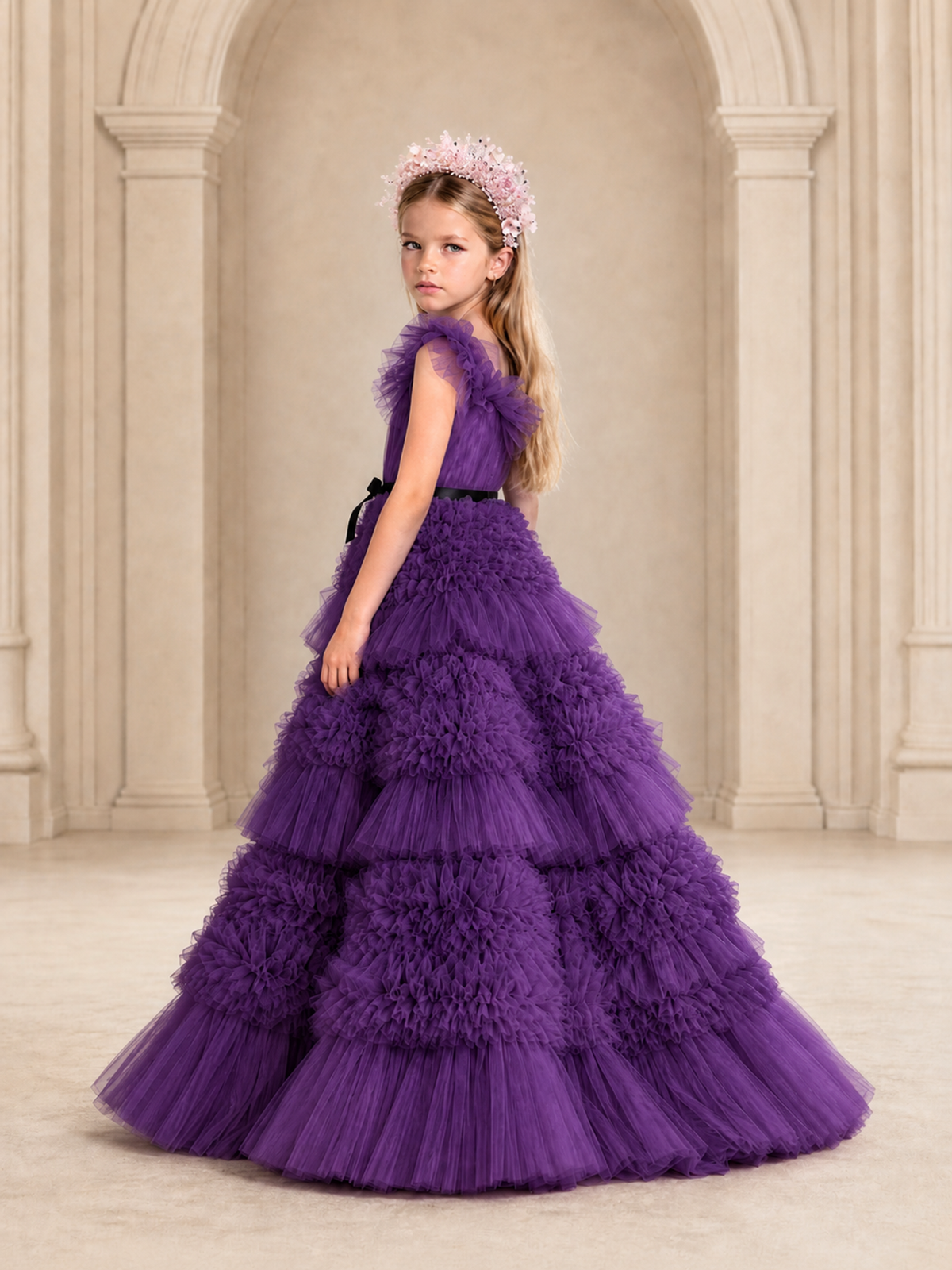 BOLODOO Purple Tiered Tulle Flower Girl Dress with Floral Appliques - Purple - Purple_2
