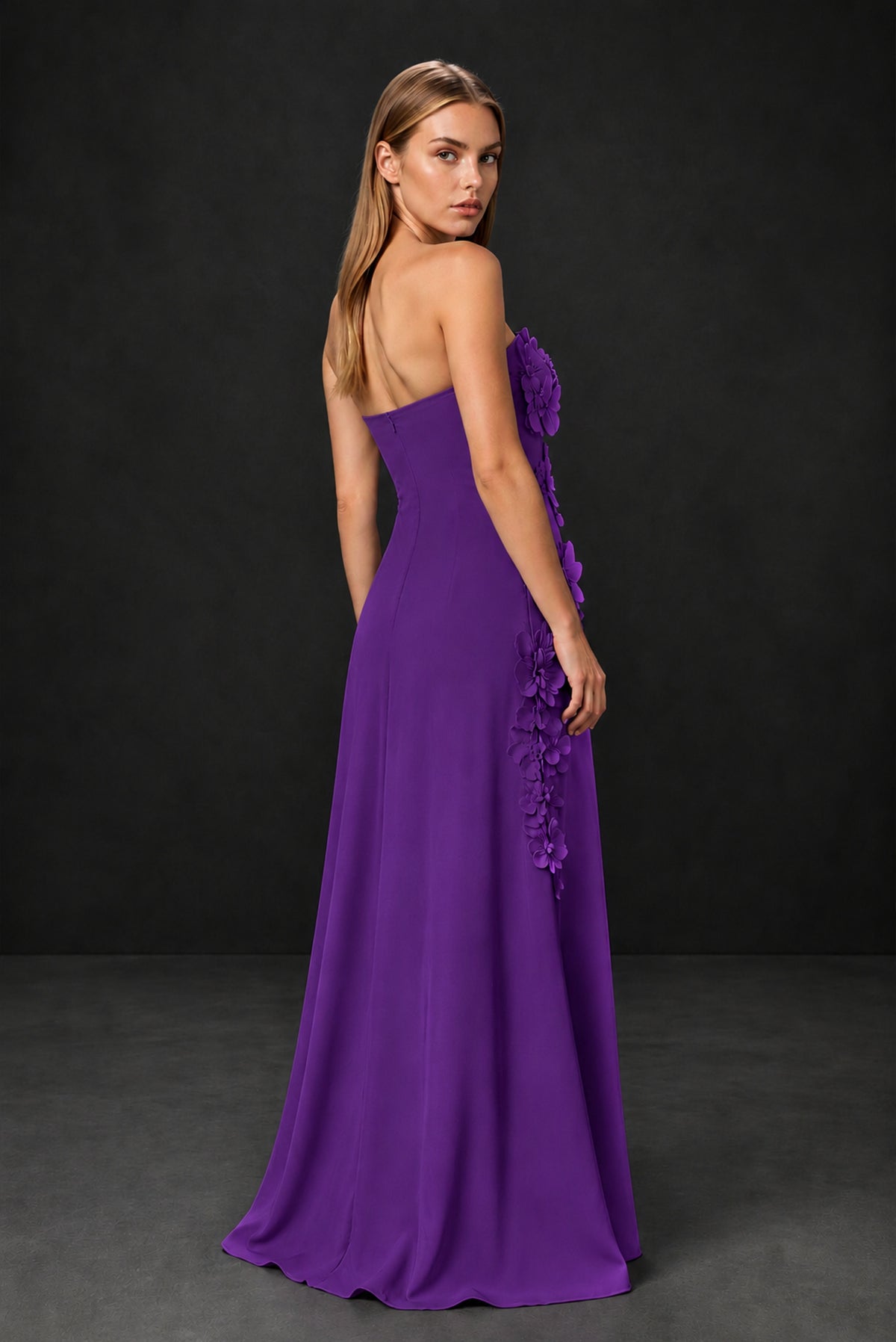 BOLODOO Purple Strapless 3D Floral Appliqué Crepe Maxi Gown - Purple