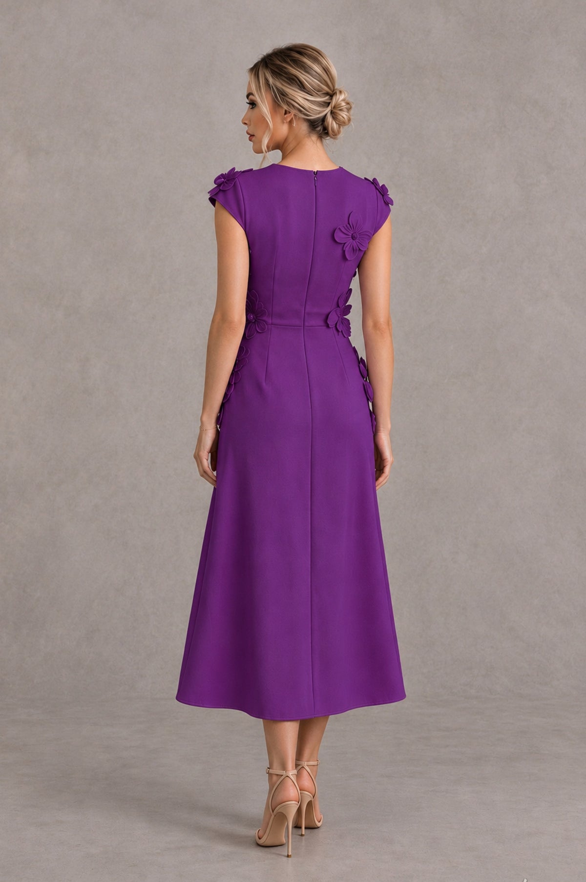 BOLODOO Purple 3D Floral Cap Sleeve Midi Cocktail Dress - Purple - Purple_2